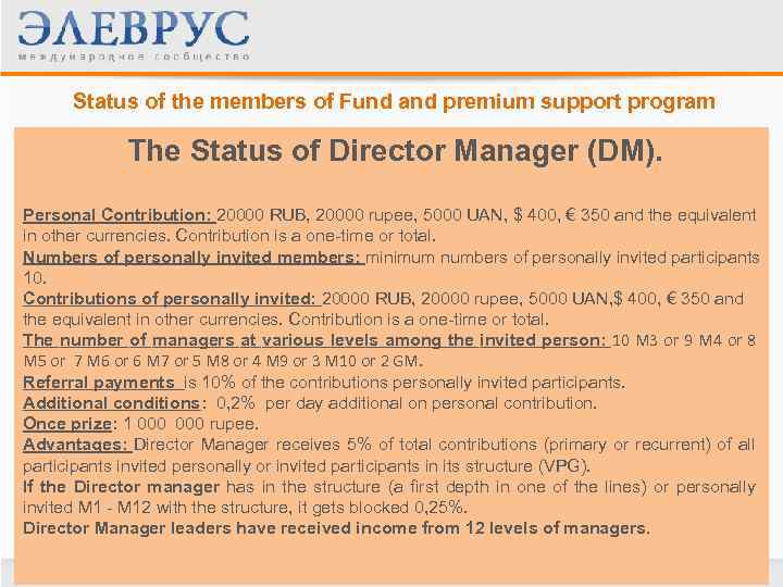 Status of the members of Fund and premium support program The Status of Director