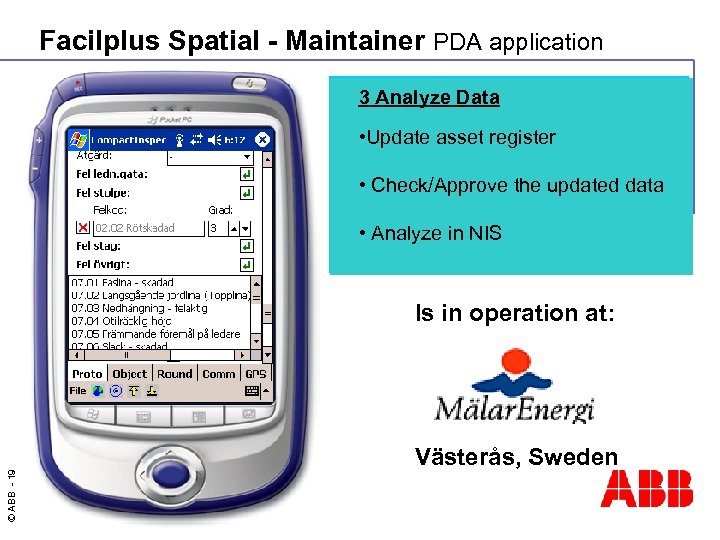 Facilplus Spatial - Maintainer PDA application 3 Analyze Data 2 Execute Maintenance • Update