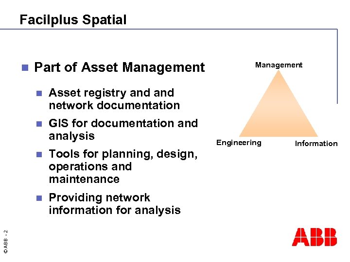 Facilplus Spatial n Part of Asset Management n Asset registry and network documentation n