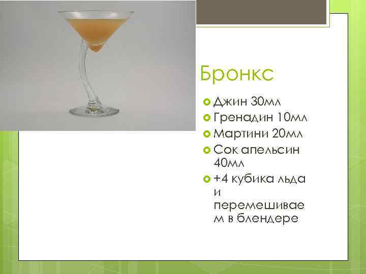 Бронкс Джин 30 мл Гренадин 10 мл Мартини 20 мл Сок апельсин 40 мл