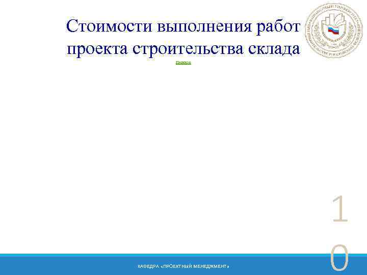 Стоимости выполнения работ проекта строительства склада Переход КАФЕДРА «ПРОЕКТНЫЙ МЕНЕДЖМЕНТ» 1 0 