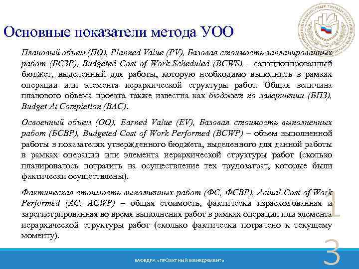 Основные показатели метода УОО Плановый объем (ПО), Planned Value (PV), Базовая стоимость запланированных работ