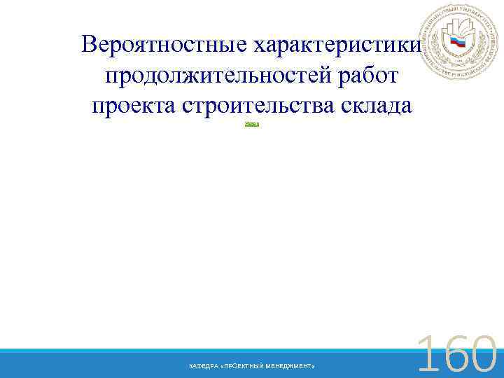 Вероятностные характеристики продолжительностей работ проекта строительства склада Назад КАФЕДРА «ПРОЕКТНЫЙ МЕНЕДЖМЕНТ» 160 