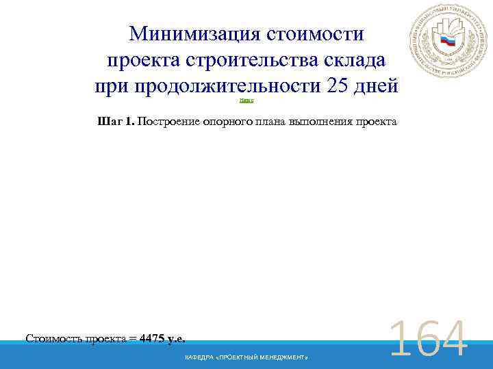 Минимизация стоимости проекта строительства склада при продолжительности 25 дней Назад Шаг 1. Построение опорного