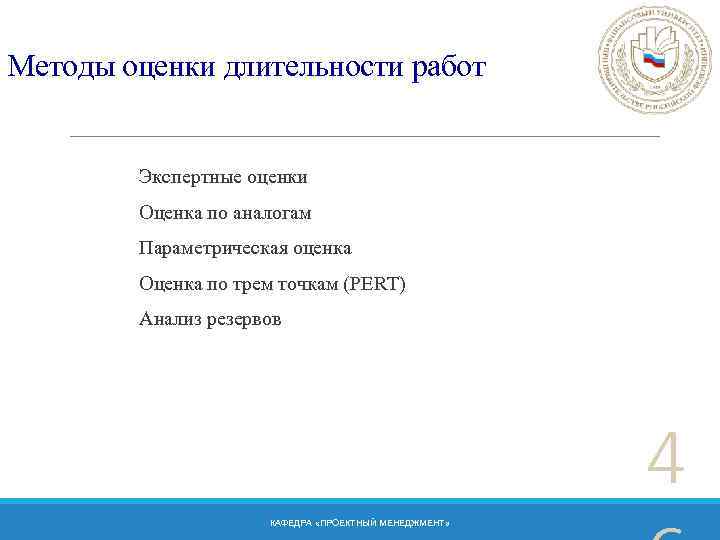 Методы оценки длительности работ Экспертные оценки Оценка по аналогам Параметрическая оценка Оценка по трем