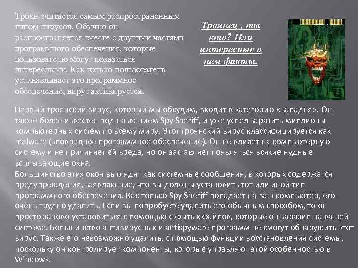 Троян считается самым распространенным типом вирусов. Обычно он распространяется вместе с другими частями программного