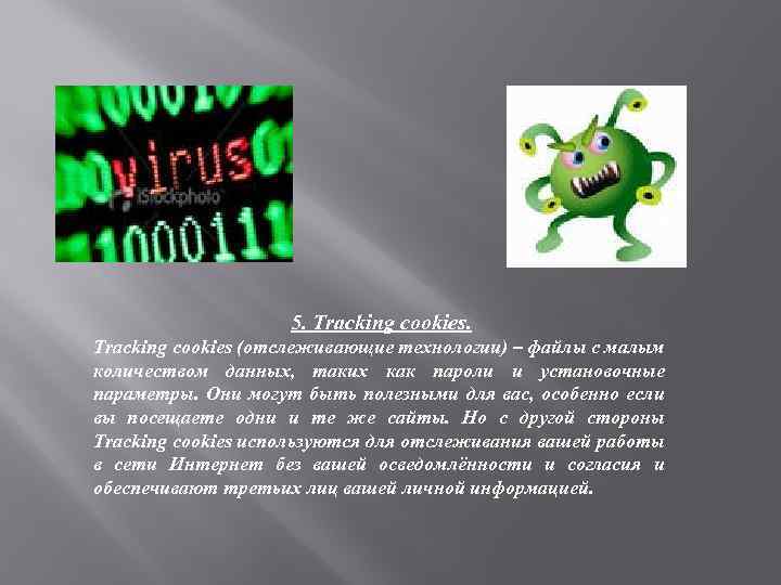 5. Tracking cookies (отслеживающие технологии) – файлы с малым количеством данных, таких как пароли