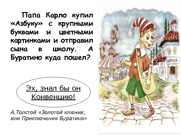 Папа Карло купил «Азбуку» с крупными буквами и цветными картинками и отправил сына в