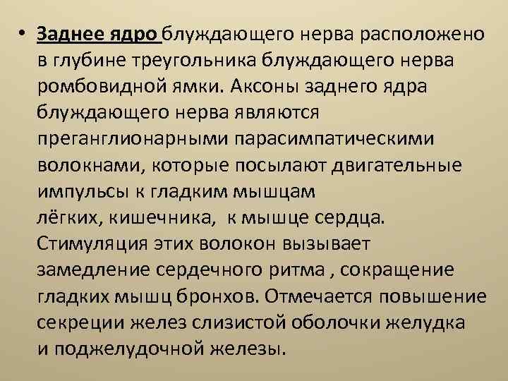  • Заднее ядро блуждающего нерва расположено в глубине треугольника блуждающего нерва ромбовидной ямки.