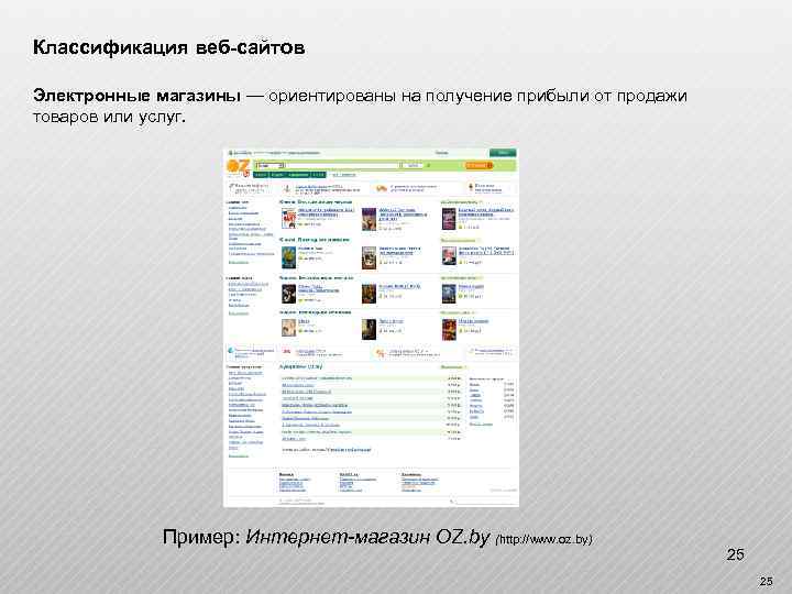 Классификация веб-сайтов Электронные магазины — ориентированы на получение прибыли от продажи товаров или услуг.