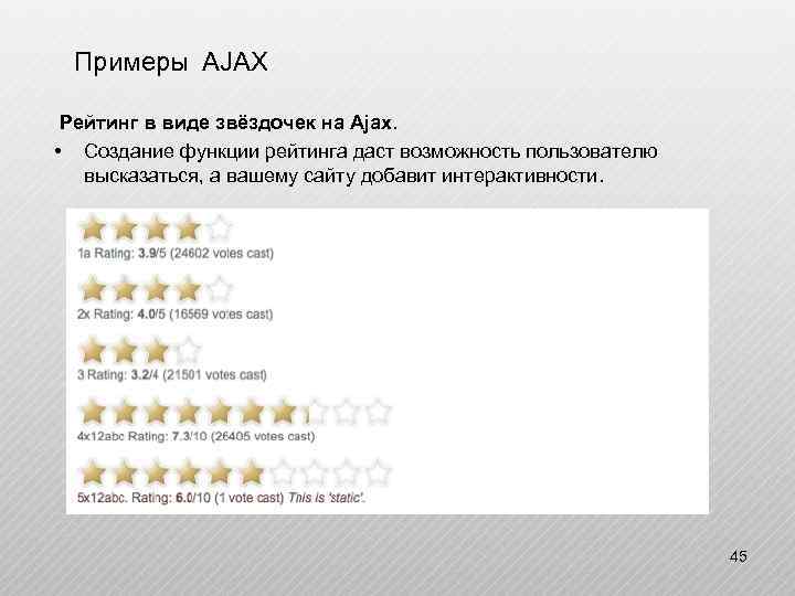  Примеры AJAX Рейтинг в виде звёздочек на Ajax. • Создание функции рейтинга даст
