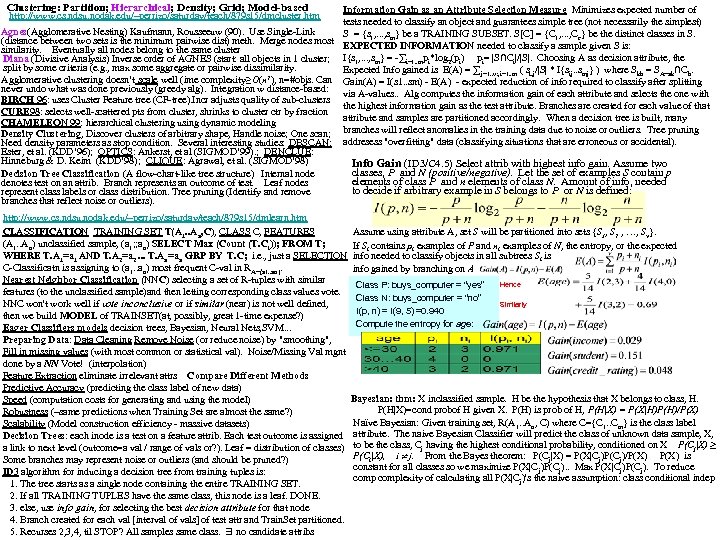 Clustering: Partition; Hierarchical; Density; Grid; Model-based http: //www. cs. ndsu. nodak. edu/~perrizo/saturday/teach/879 s 15/dmcluster.