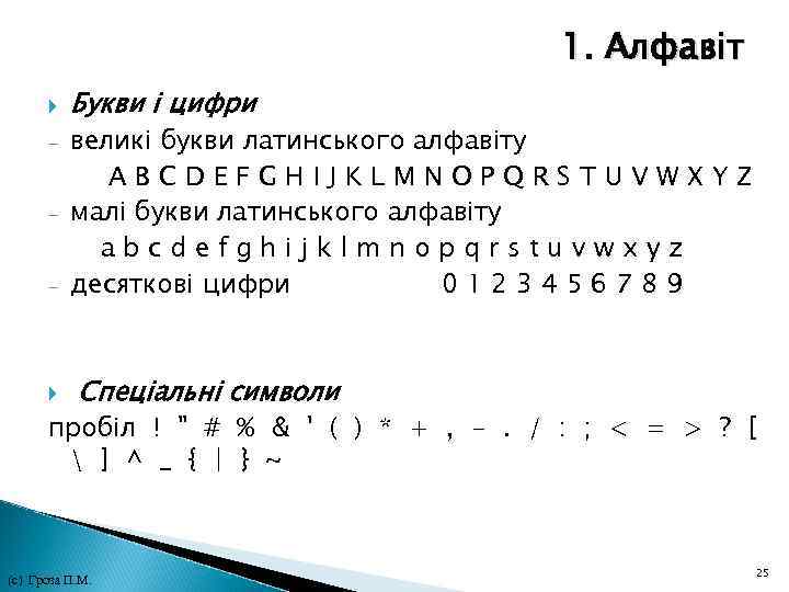 1. Алфавіт - Букви і цифри великі букви латинського алфавіту ABCDEFGHIJKLMNOPQRSTUVWXYZ малі букви латинського