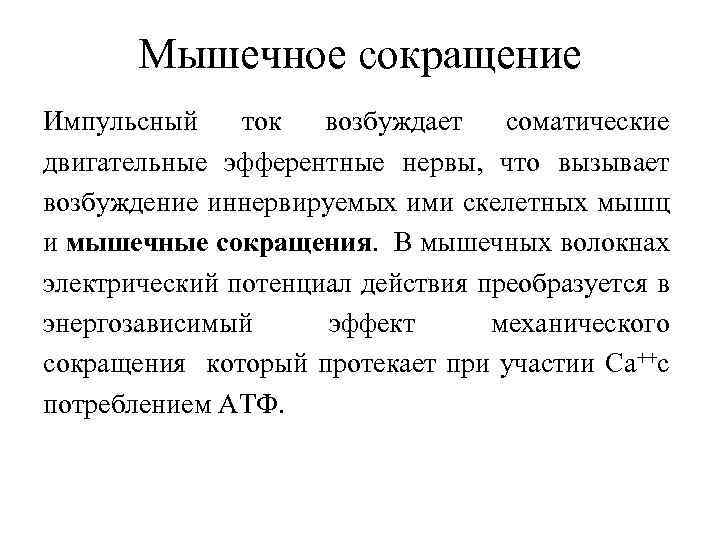 Мышечное сокращение Импульсный ток возбуждает соматические двигательные эфферентные нервы, что вызывает возбуждение иннервируемых ими