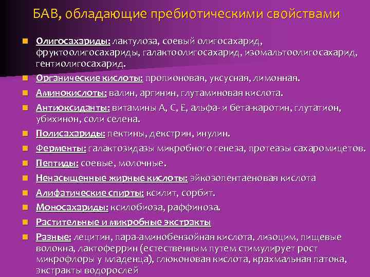 БАВ, обладающие пребиотическими свойствами n n n Олигосахариды: лактулоза, соевый олигосахарид, фруктоолигосахариды, галактоолигосахарид, изомальтоолигосахарид,