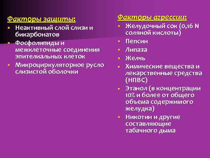 Факторы защиты: Неактивный слой слизи и бикарбонатов § Фосфолипиды и межклеточные соединения эпителиальных клеток