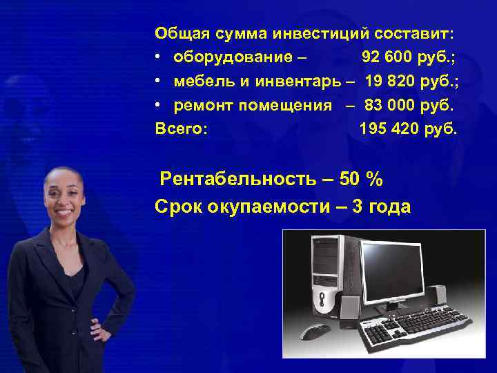 Общая сумма инвестиций составит: • оборудование – 92 600 руб. ; • мебель и