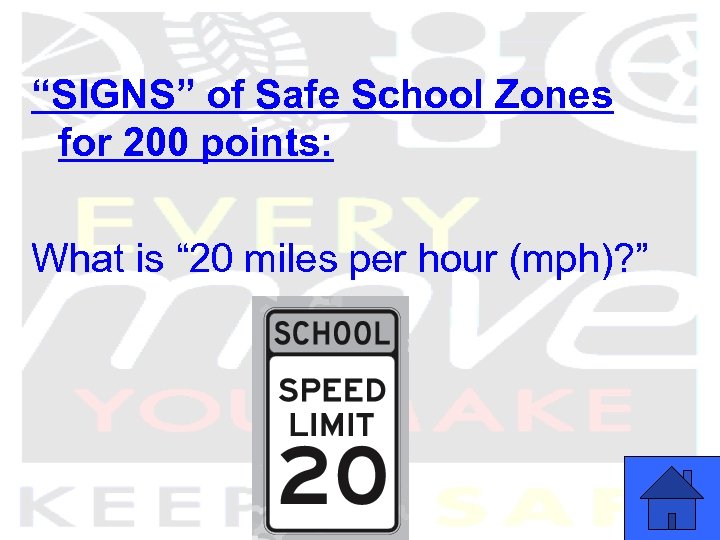 “SIGNS” of Safe School Zones for 200 points: What is “ 20 miles per