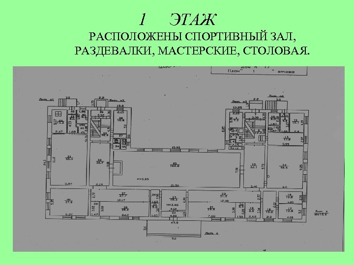 1 ЭТАЖ РАСПОЛОЖЕНЫ СПОРТИВНЫЙ ЗАЛ, РАЗДЕВАЛКИ, МАСТЕРСКИЕ, СТОЛОВАЯ. 