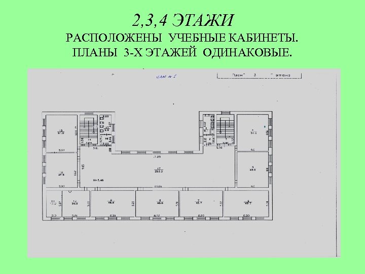 2, 3, 4 ЭТАЖИ РАСПОЛОЖЕНЫ УЧЕБНЫЕ КАБИНЕТЫ. ПЛАНЫ 3 -Х ЭТАЖЕЙ ОДИНАКОВЫЕ. 