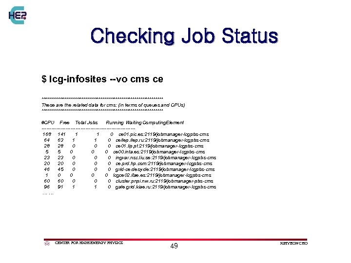 Checking Job Status $ lcg-infosites --vo cms ce ******************************** These are the related data