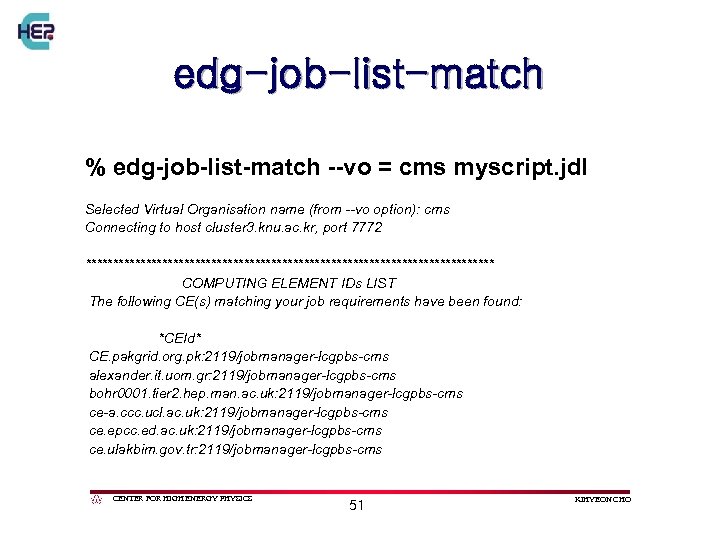 edg-job-list-match % edg-job-list-match --vo = cms myscript. jdl Selected Virtual Organisation name (from --vo