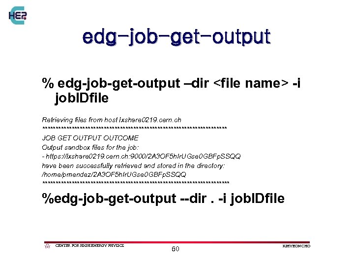 edg-job-get-output % edg-job-get-output –dir <file name> -i job. IDfile Retrieving files from host lxshare