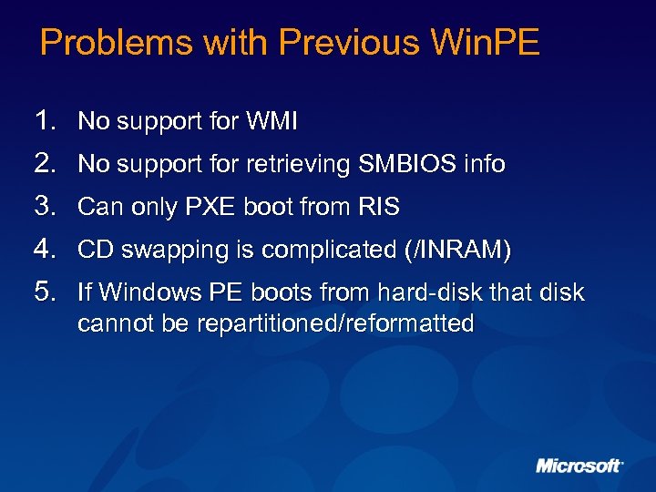 Problems with Previous Win. PE 1. No support for WMI 2. No support for