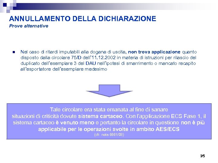 ANNULLAMENTO DELLA DICHIARAZIONE Prove alternative n Nel caso di ritardi imputabili alla dogana di