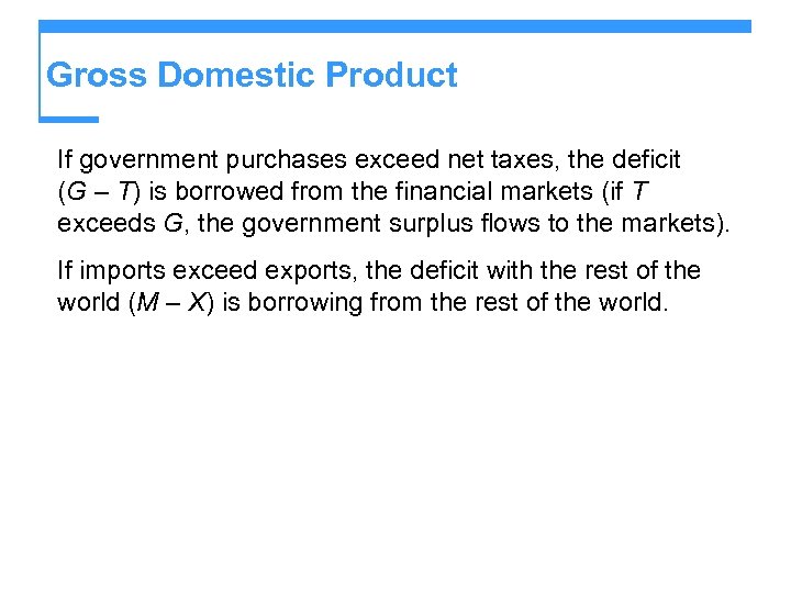 Gross Domestic Product If government purchases exceed net taxes, the deficit (G – T)