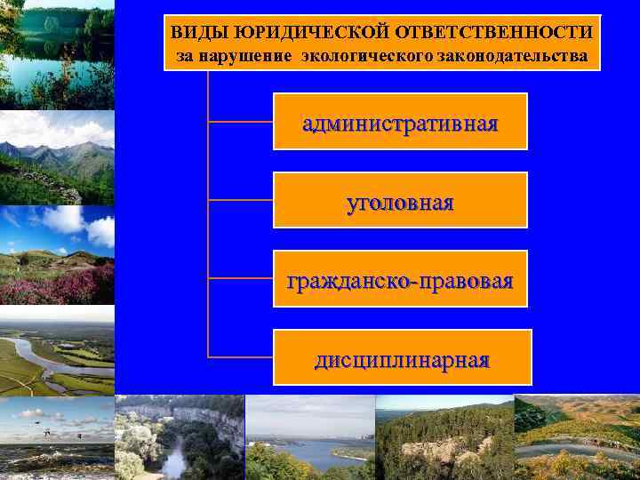 ВИДЫ ЮРИДИЧЕСКОЙ ОТВЕТСТВЕННОСТИ за нарушение экологического законодательства административная уголовная гражданско-правовая дисциплинарная 