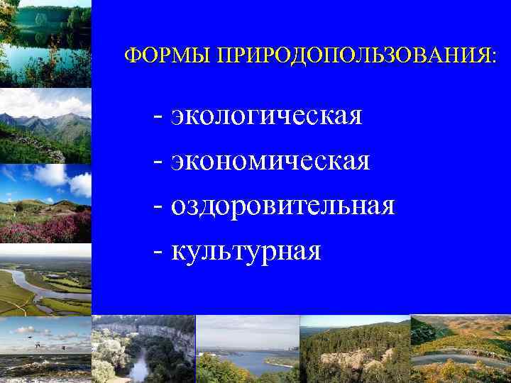 ФОРМЫ ПРИРОДОПОЛЬЗОВАНИЯ: - экологическая - экономическая - оздоровительная - культурная 