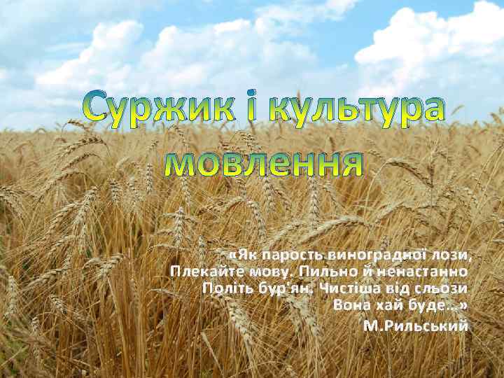 Суржик і культура мовлення «Як парость виноградної лози, Плекайте мову. Пильно й ненастанно Політь