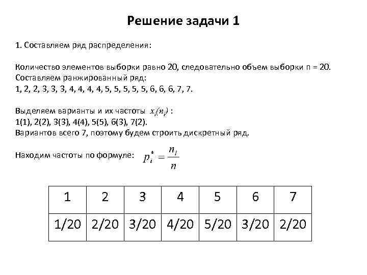 Решение задачи 1 1. Составляем ряд распределения: Количество элементов выборки равно 20, следовательно объем