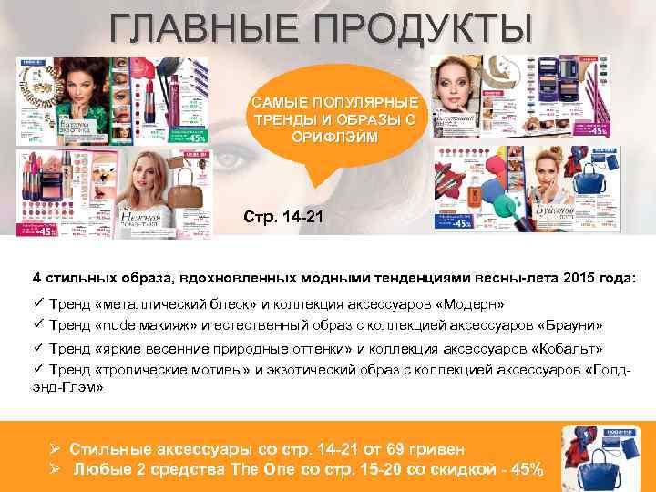 ГЛАВНЫЕ ПРОДУКТЫ САМЫЕ ПОПУЛЯРНЫЕ ТРЕНДЫ И ОБРАЗЫ С ОРИФЛЭЙМ Стр. 14 -21 4 стильных