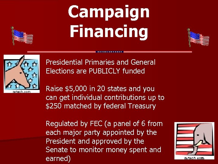 Campaign Financing Presidential Primaries and General Elections are PUBLICLY funded Raise $5, 000 in