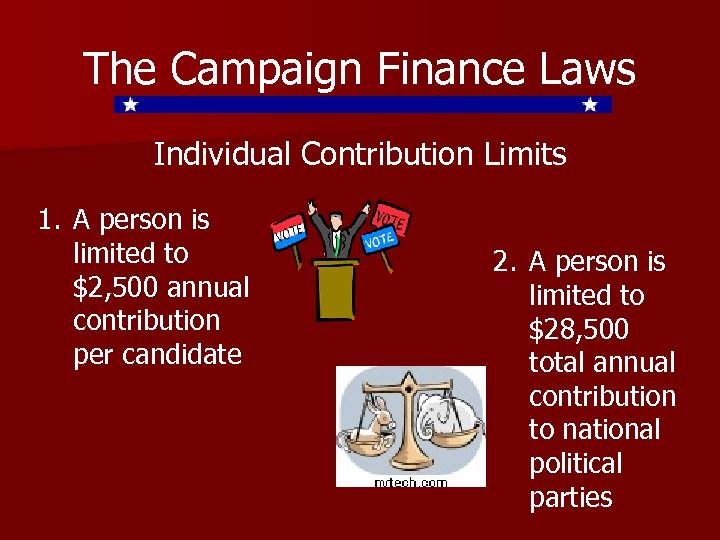 The Campaign Finance Laws Individual Contribution Limits 1. A person is limited to $2,