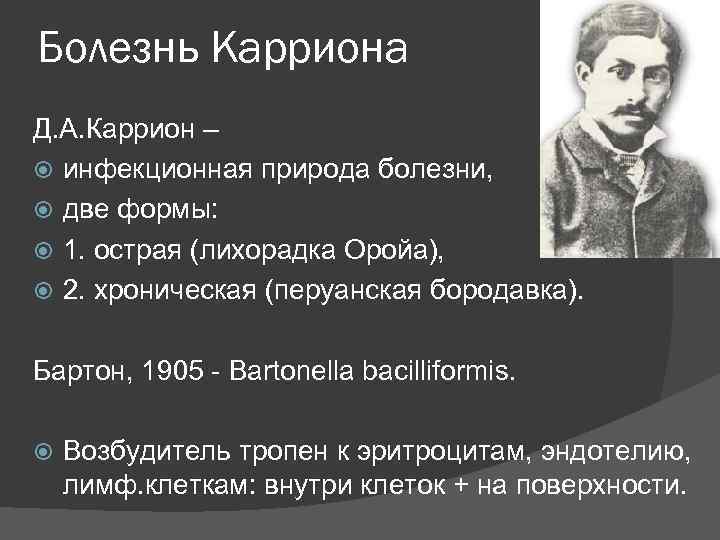 Болезнь Карриона Д. А. Каррион – инфекционная природа болезни, две формы: 1. острая (лихорадка