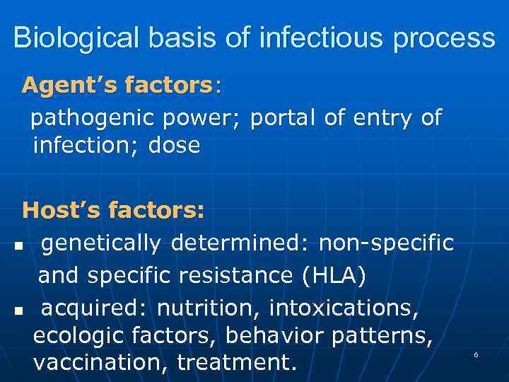 Biological basis of infectious process Agent’s factors: pathogenic power; portal of entry of infection;