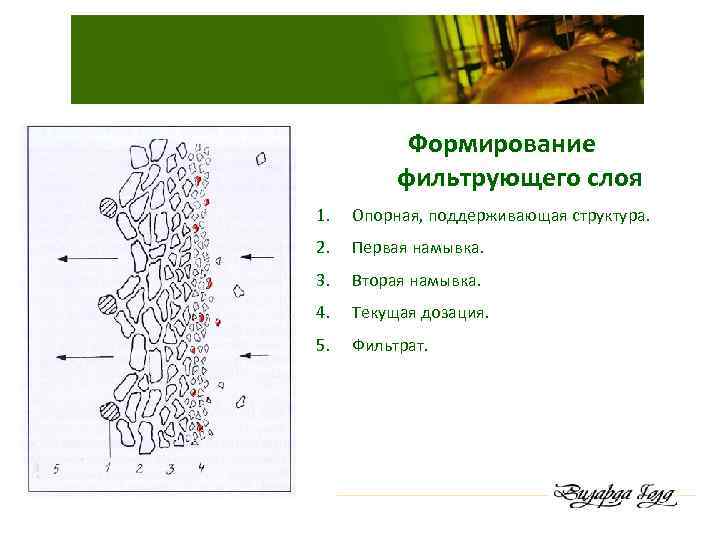 Формирование фильтрующего слоя 1. Опорная, поддерживающая структура. 2. Первая намывка. 3. Вторая намывка. 4.