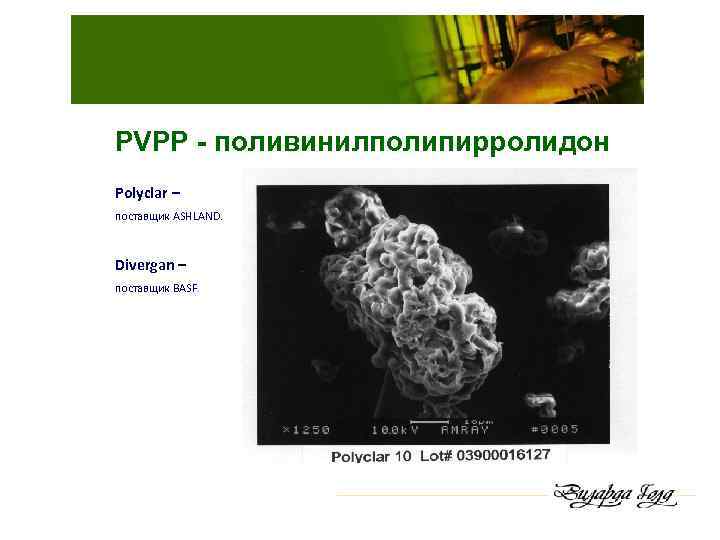 PVPP - поливинилполипирролидон Polyclar – поставщик ASHLAND. Divergan – поставщик BASF. 