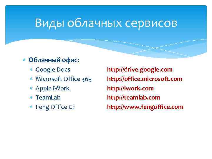 Виды облачных сервисов Облачный офис: Google Docs Microsoft Office 365 Apple i. Work Team.