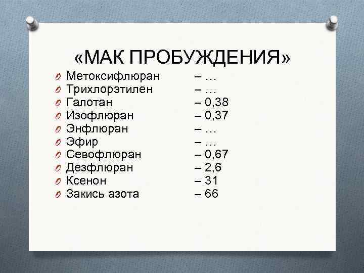  «МАК ПРОБУЖДЕНИЯ» O O O O O Метоксифлюран Трихлорэтилен Галотан Изофлюран Энфлюран Эфир