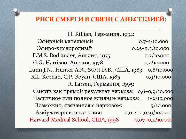 РИСК СМЕРТИ В СВЯЗИ С АНЕСТЕЗИЕЙ: _____________________ H. Killian, Германия, 1934: Эфирный капельный 0,