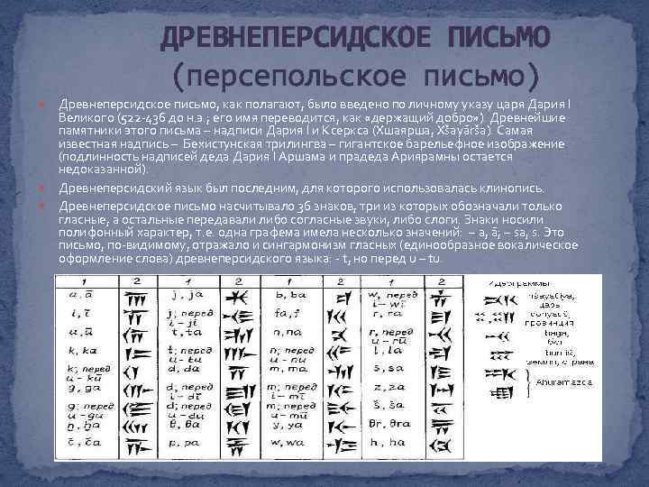 ДРЕВНЕПЕРСИДСКОЕ ПИСЬМО (персепольское письмо) Древнеперсидское письмо, как полагают, было введено по личному указу царя