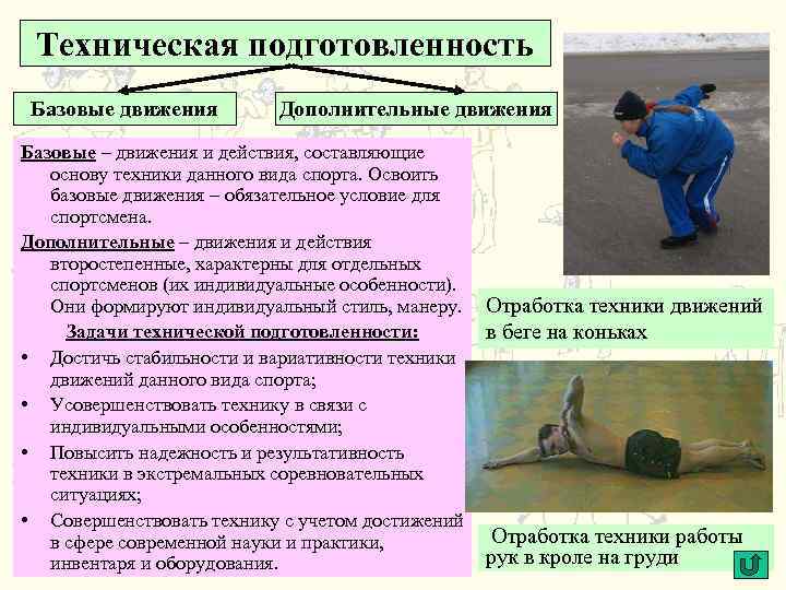 Техническая подготовленность Базовые движения Дополнительные движения Базовые – движения и действия, составляющие основу техники