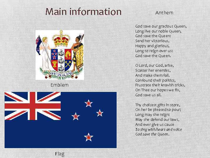 Main information Anthem God save our gracious Queen, Long live our noble Queen, God