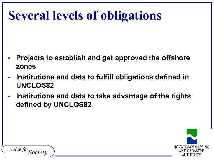 Several levels of obligations § § § Projects to establish and get approved the