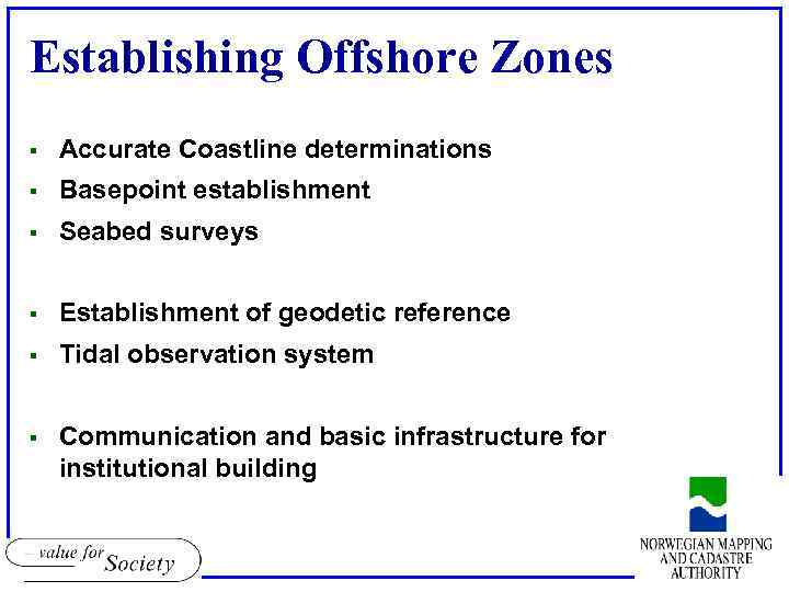 Establishing Offshore Zones § Accurate Coastline determinations § Basepoint establishment § Seabed surveys §