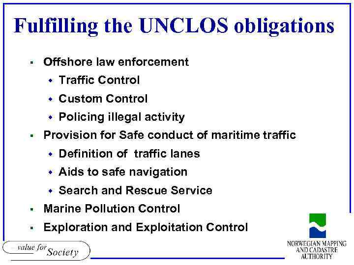 Fulfilling the UNCLOS obligations § Offshore law enforcement w w Custom Control w §